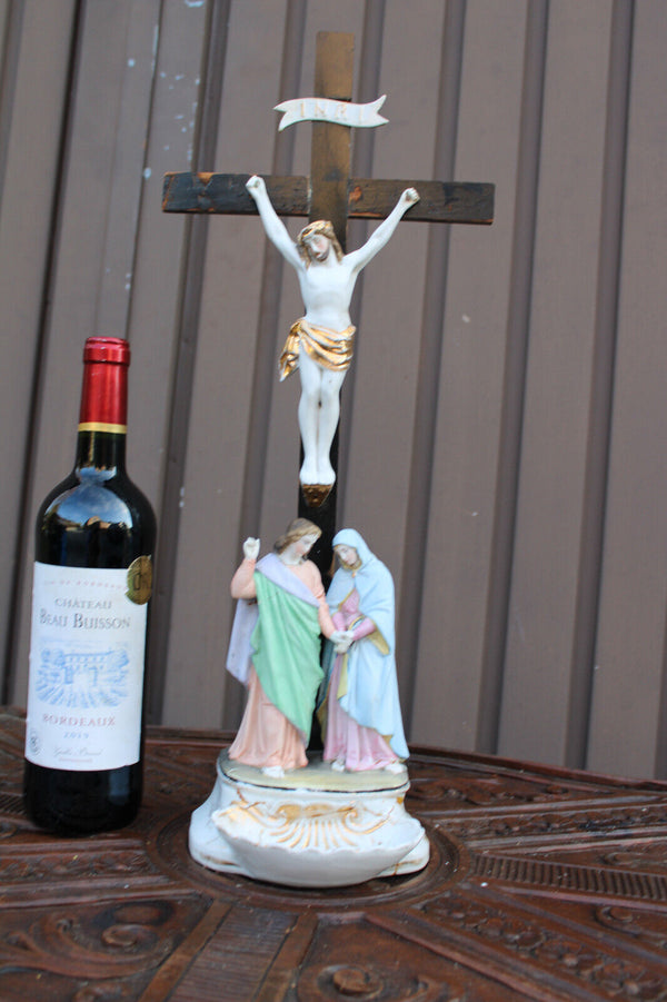 Antique belgian vieux andenne bisque porcelain holy water font calvary crucifix