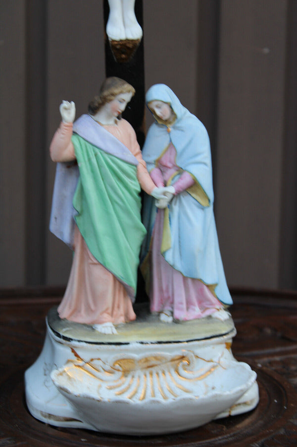 Antique belgian vieux andenne bisque porcelain holy water font calvary crucifix