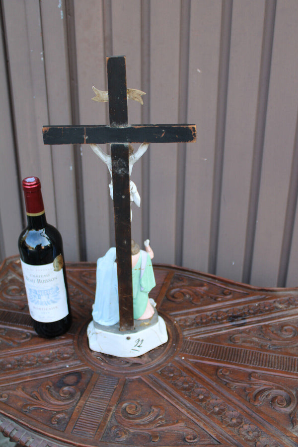 Antique belgian vieux andenne bisque porcelain holy water font calvary crucifix