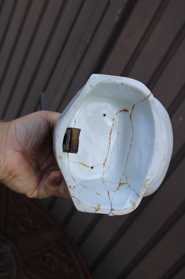 Antique belgian vieux andenne bisque porcelain holy water font calvary crucifix