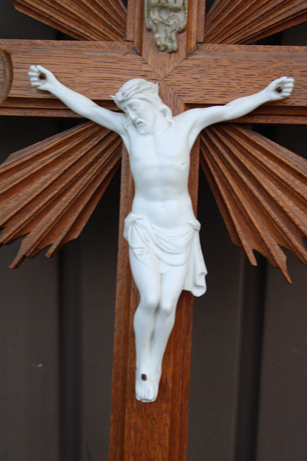 Antique Belgian wood carved crucifix bisque porcelain corpus christ rare church