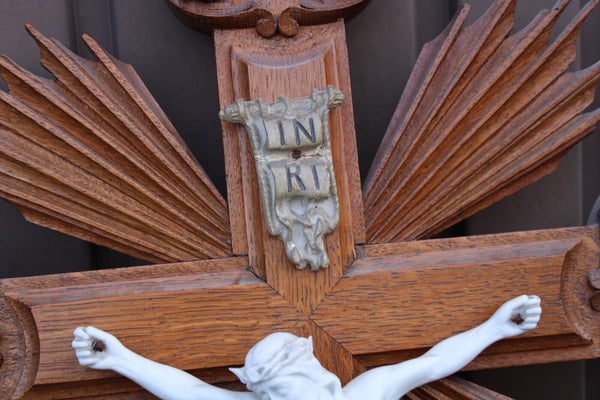 Antique Belgian wood carved crucifix bisque porcelain corpus christ rare church