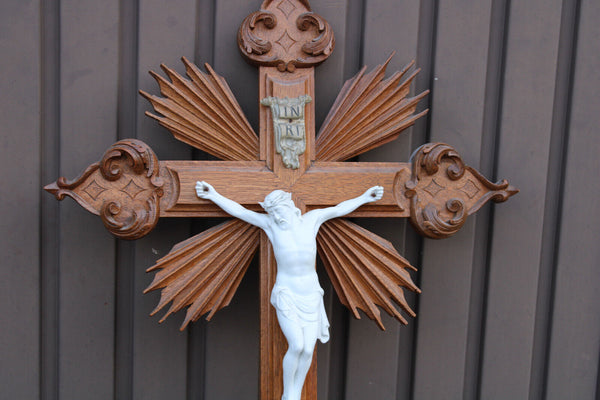 Antique Belgian wood carved crucifix bisque porcelain corpus christ rare church