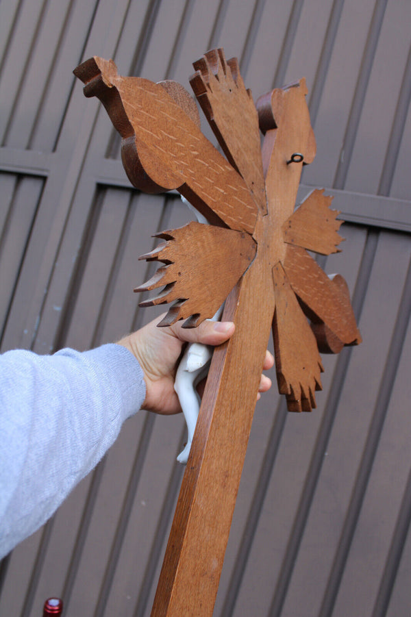 Antique Belgian wood carved crucifix bisque porcelain corpus christ rare church