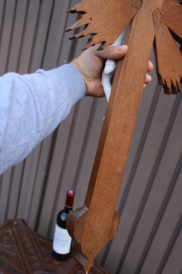 Antique Belgian wood carved crucifix bisque porcelain corpus christ rare church