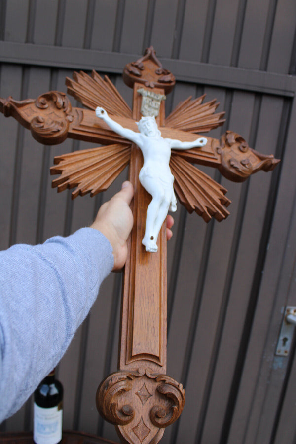Antique Belgian wood carved crucifix bisque porcelain corpus christ rare church