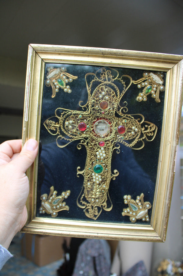 Antique religious Crucifix 5 relic holder stones frame plaque rare