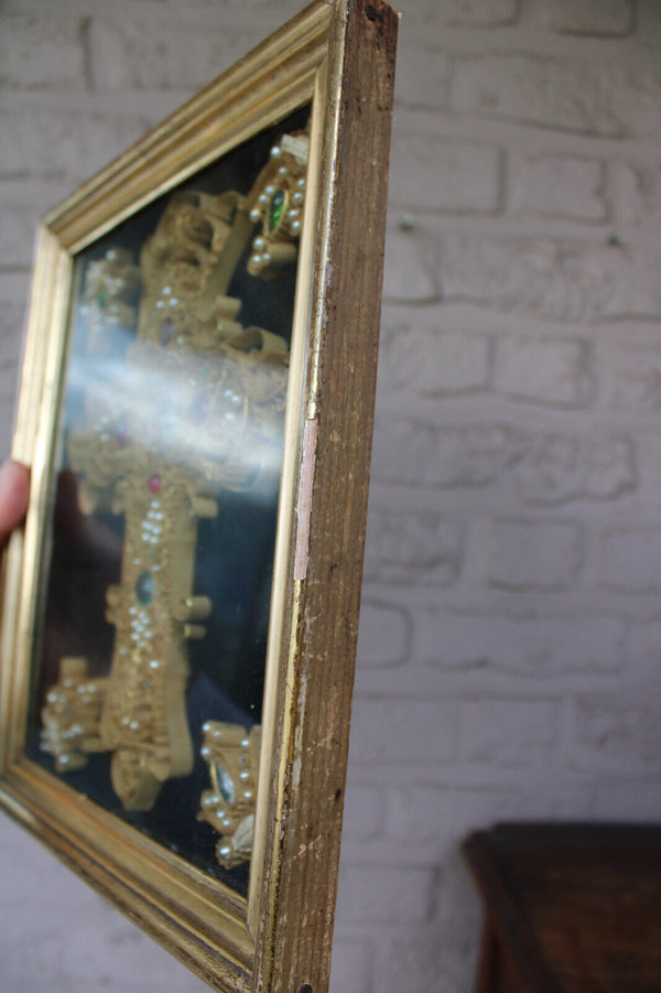 Antique religious Crucifix 5 relic holder stones frame plaque rare