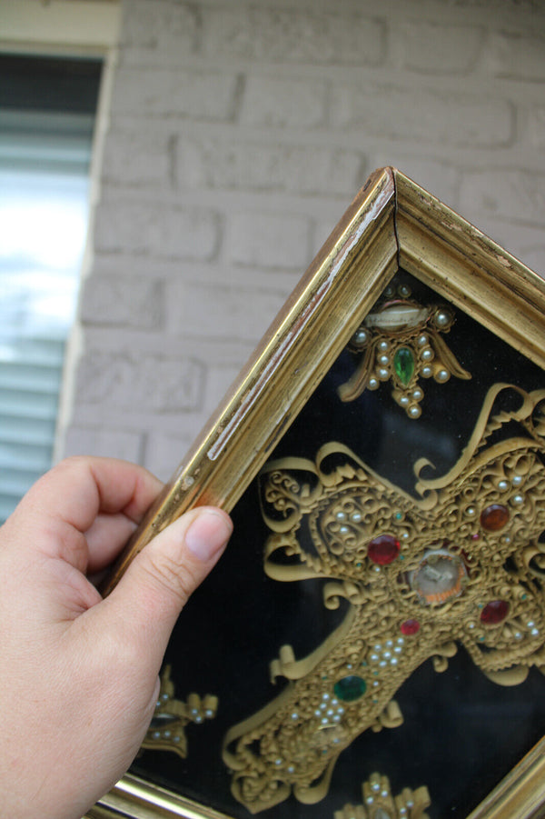 Antique religious Crucifix 5 relic holder stones frame plaque rare