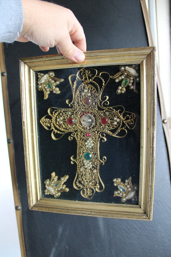 Antique religious Crucifix 5 relic holder stones frame plaque rare