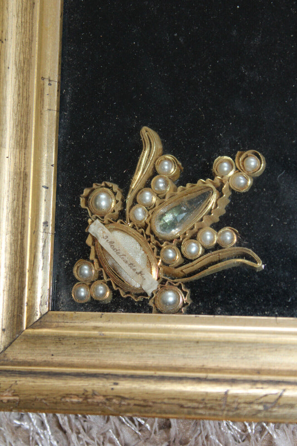 Antique religious Crucifix 5 relic holder stones frame plaque rare