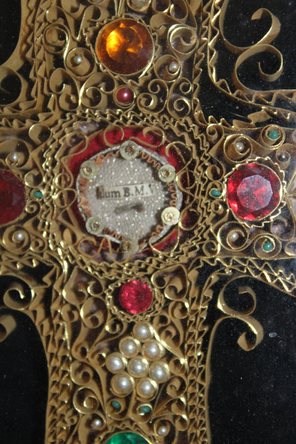 Antique religious Crucifix 5 relic holder stones frame plaque rare