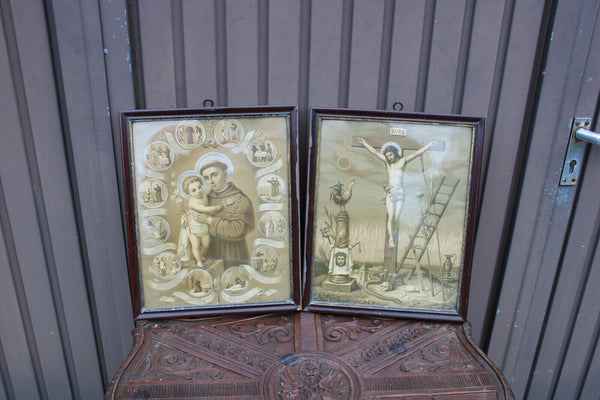 Antique pair religious 19thc Litho frames plaques crucifixion saint anthony