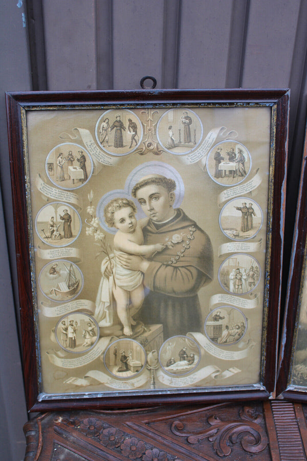 Antique pair religious 19thc Litho frames plaques crucifixion saint anthony