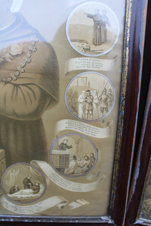 Antique pair religious 19thc Litho frames plaques crucifixion saint anthony