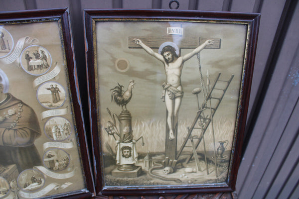 Antique pair religious 19thc Litho frames plaques crucifixion saint anthony