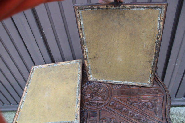 Antique pair religious 19thc Litho frames plaques crucifixion saint anthony