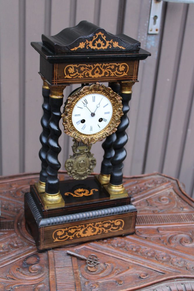 Antique napoleon III wood  column mantel clock inlay