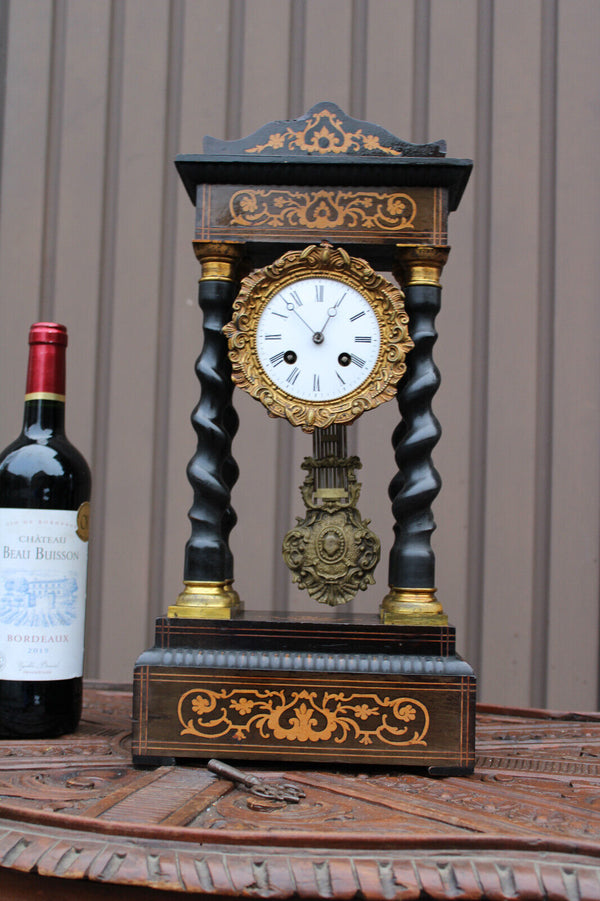 Antique napoleon III wood  column mantel clock inlay
