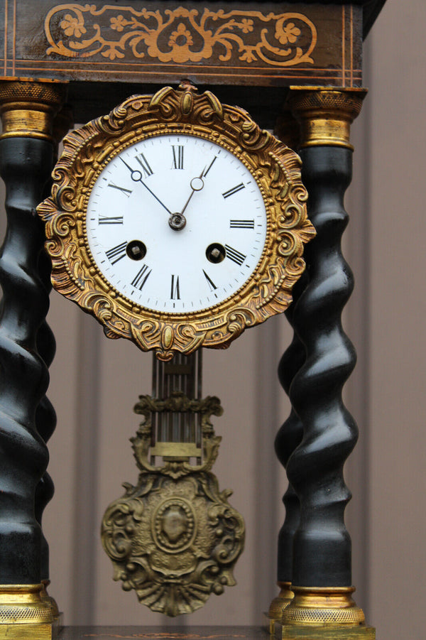 Antique napoleon III wood  column mantel clock inlay