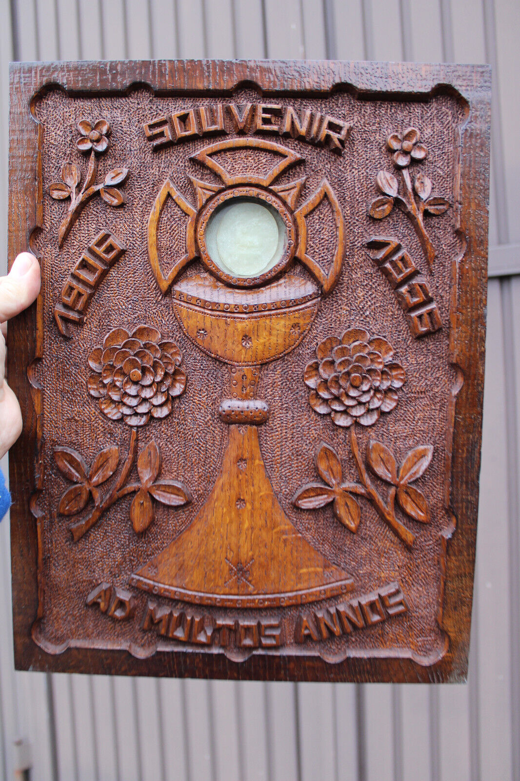 Wood carved religious wall plaque agnus dei relic monstrance souvenir panel