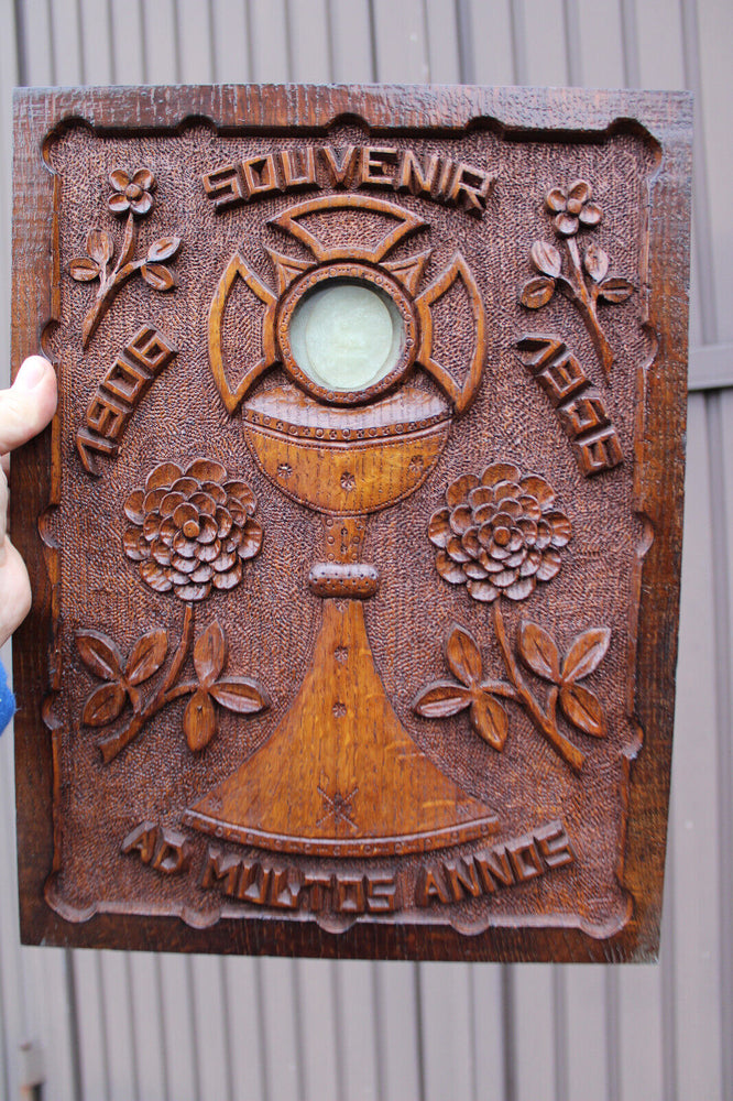 Wood carved religious wall plaque agnus dei relic monstrance souvenir panel