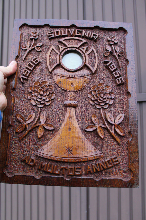 Wood carved religious wall plaque agnus dei relic monstrance souvenir panel