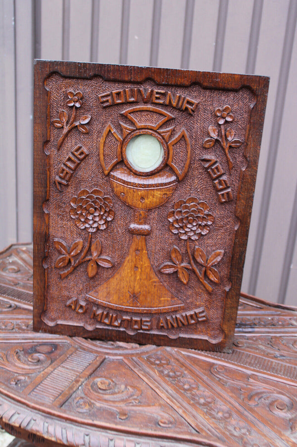 Wood carved religious wall plaque agnus dei relic monstrance souvenir panel