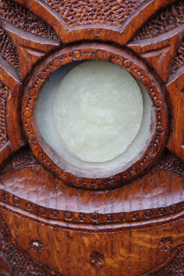 Wood carved religious wall plaque agnus dei relic monstrance souvenir panel