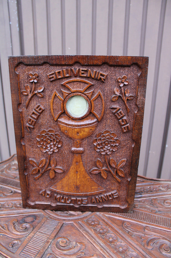 Wood carved religious wall plaque agnus dei relic monstrance souvenir panel