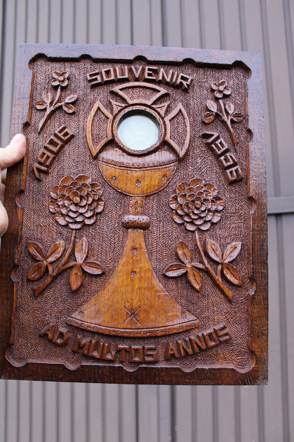 Wood carved religious wall plaque agnus dei relic monstrance souvenir panel