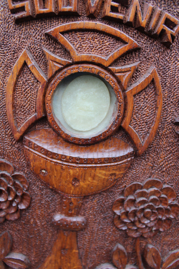 Wood carved religious wall plaque agnus dei relic monstrance souvenir panel