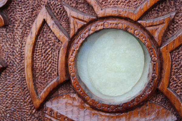 Wood carved religious wall plaque agnus dei relic monstrance souvenir panel