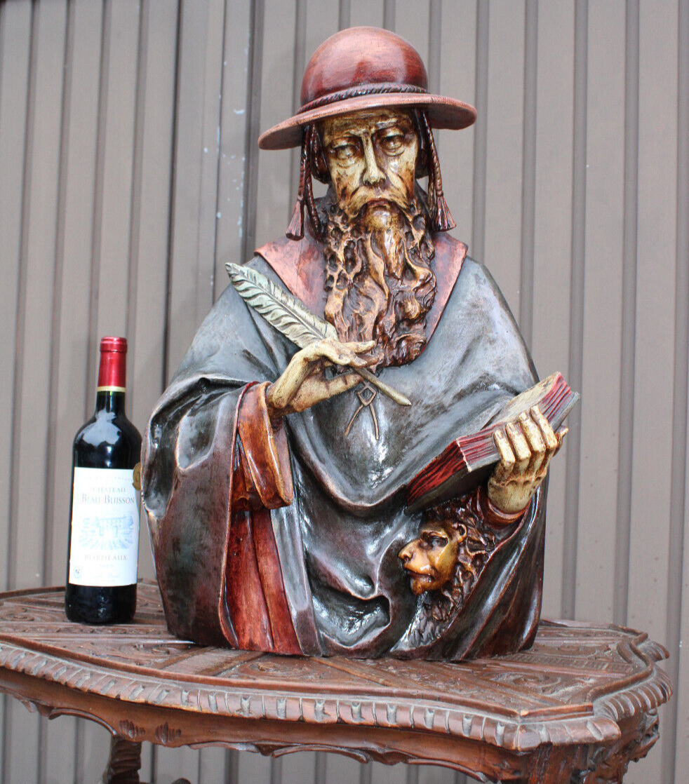 Antique 19thc Wood carved polychrome statue bust of saint Jerome lion