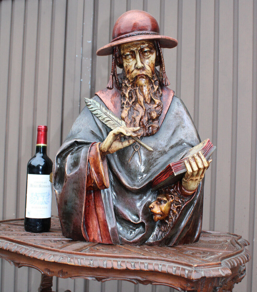 Antique 19thc Wood carved polychrome statue bust of saint Jerome lion