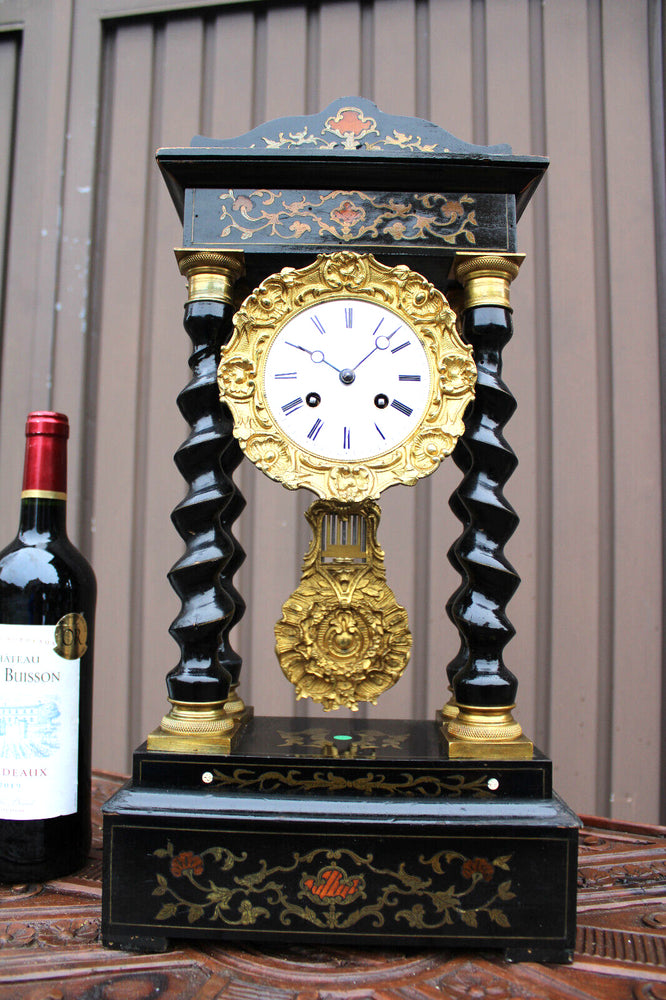 Antique napoleon III wood column mantel clock enamel inlay