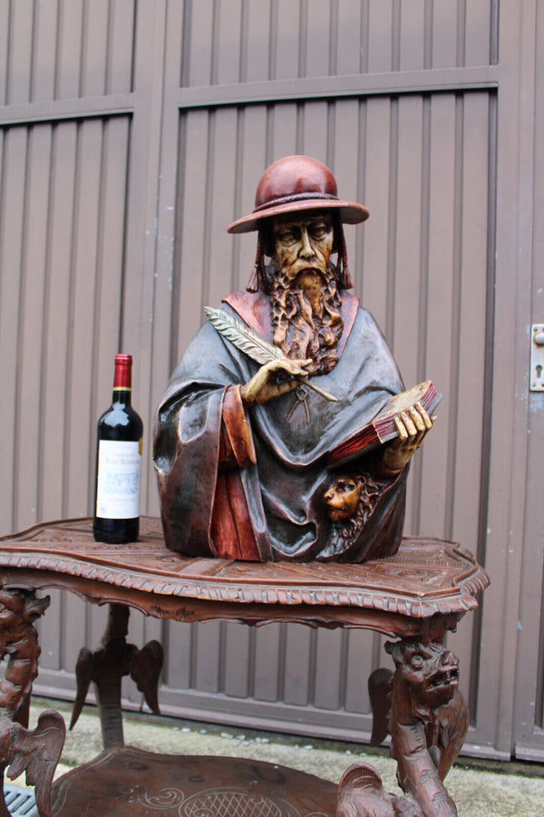 Antique 19thc Wood carved polychrome statue bust of saint Jerome lion