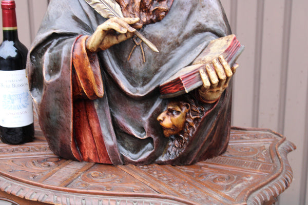 Antique 19thc Wood carved polychrome statue bust of saint Jerome lion