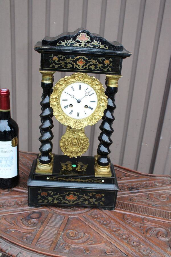 Antique napoleon III wood column mantel clock enamel inlay