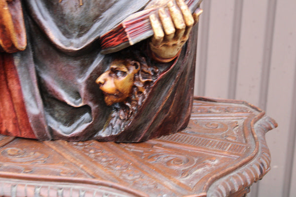 Antique 19thc Wood carved polychrome statue bust of saint Jerome lion