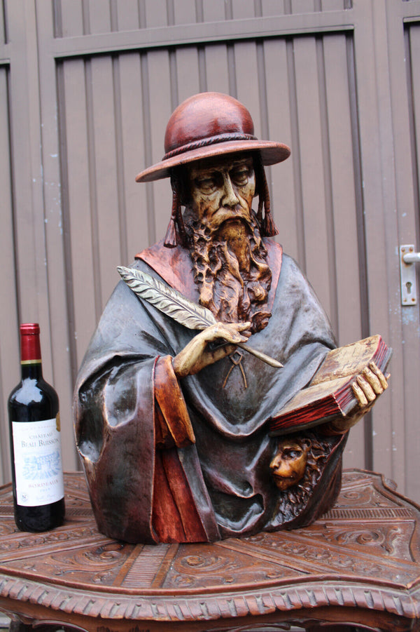 Antique 19thc Wood carved polychrome statue bust of saint Jerome lion