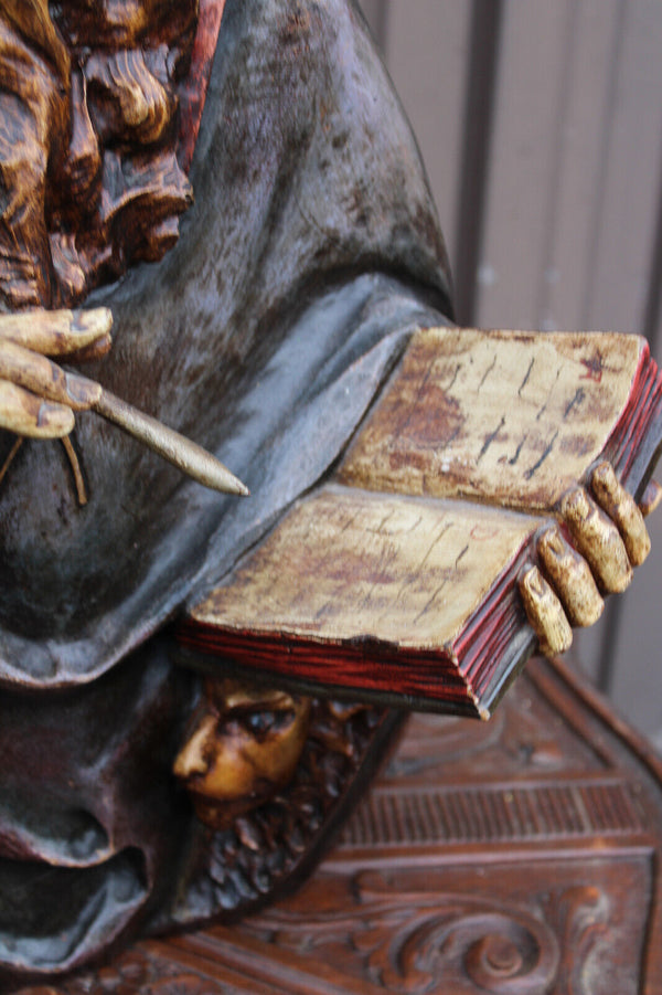 Antique 19thc Wood carved polychrome statue bust of saint Jerome lion