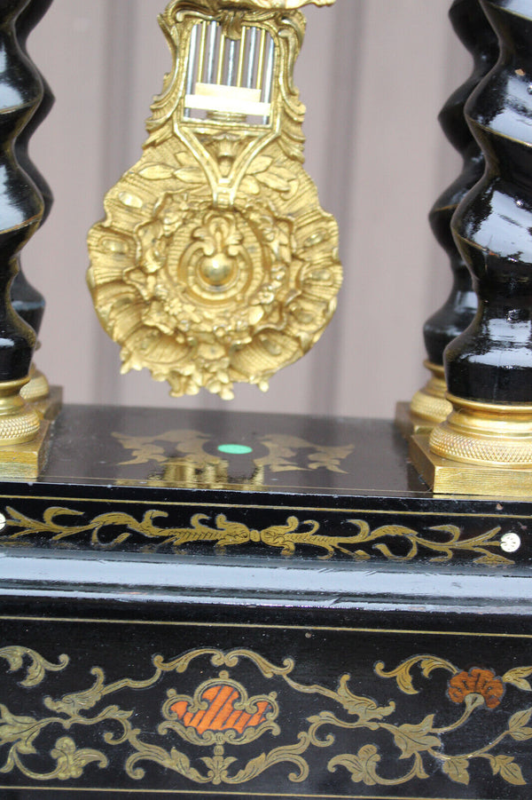 Antique napoleon III wood column mantel clock enamel inlay