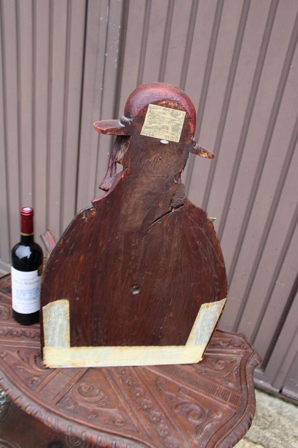 Antique 19thc Wood carved polychrome statue bust of saint Jerome lion