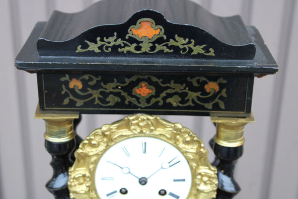 Antique napoleon III wood column mantel clock enamel inlay