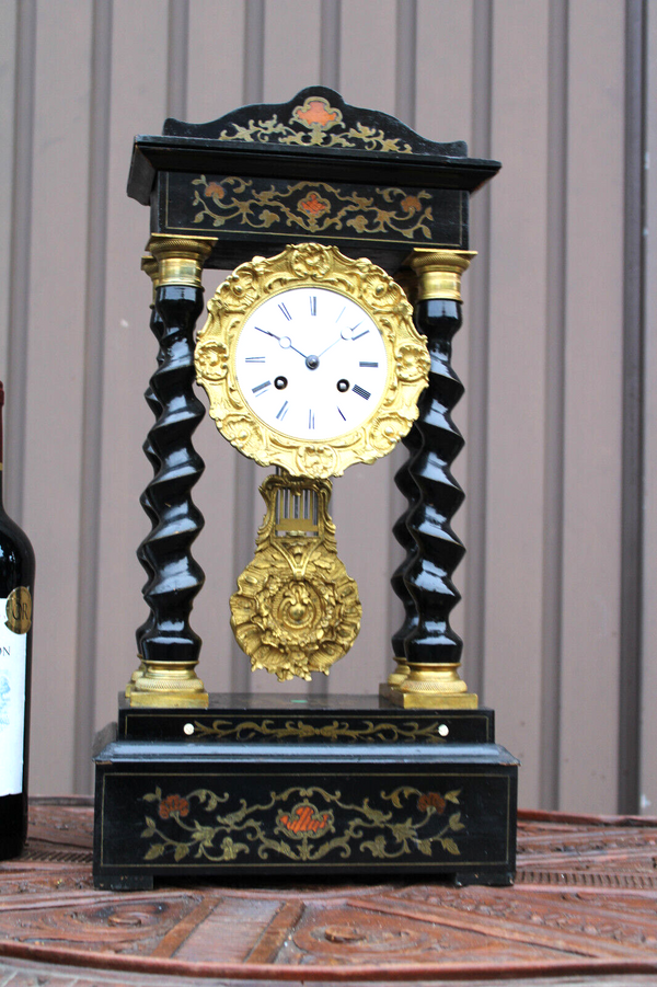 Antique napoleon III wood column mantel clock enamel inlay