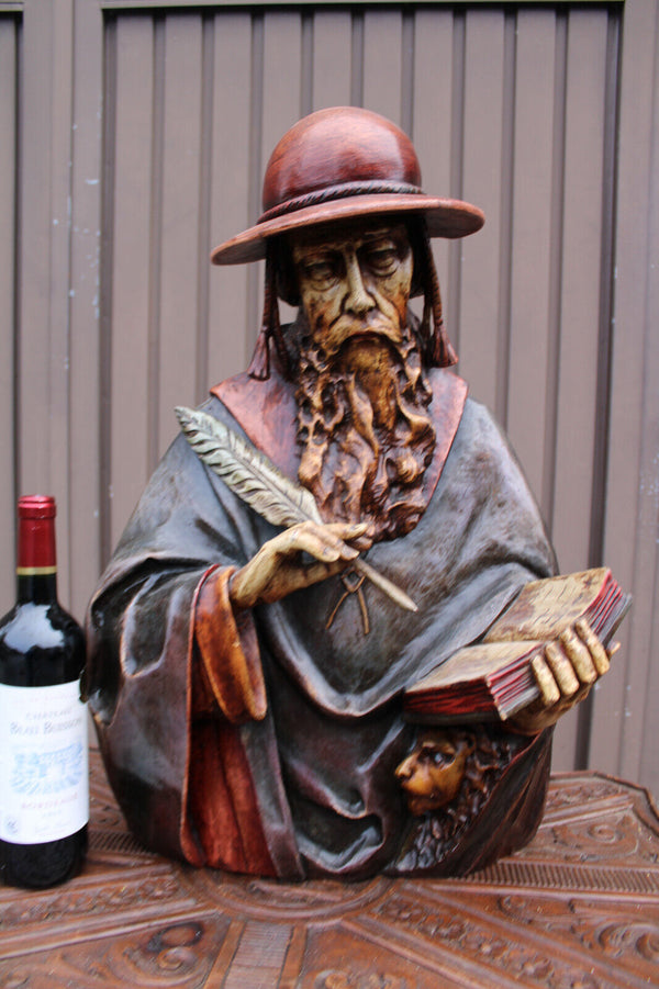 Antique 19thc Wood carved polychrome statue bust of saint Jerome lion