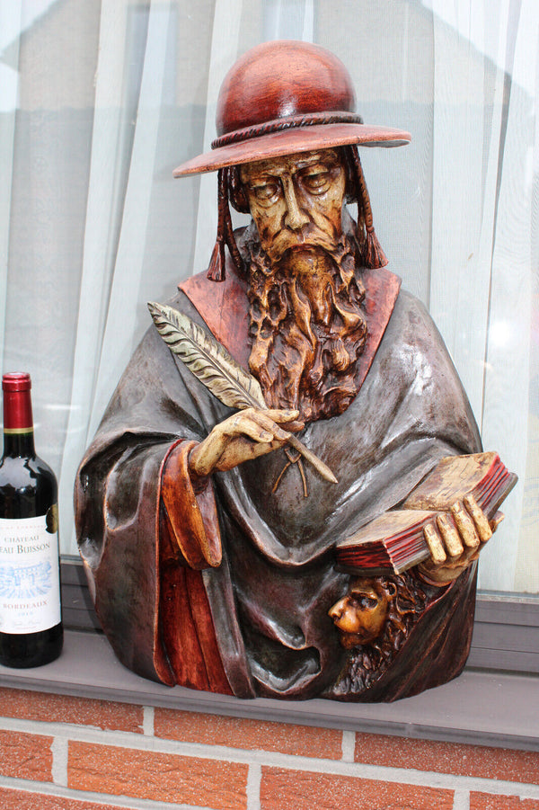 Antique 19thc Wood carved polychrome statue bust of saint Jerome lion