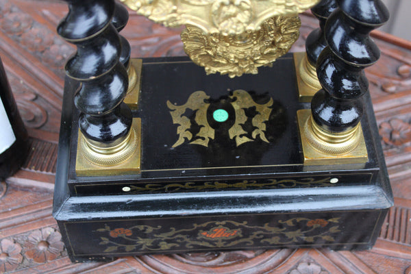 Antique napoleon III wood column mantel clock enamel inlay