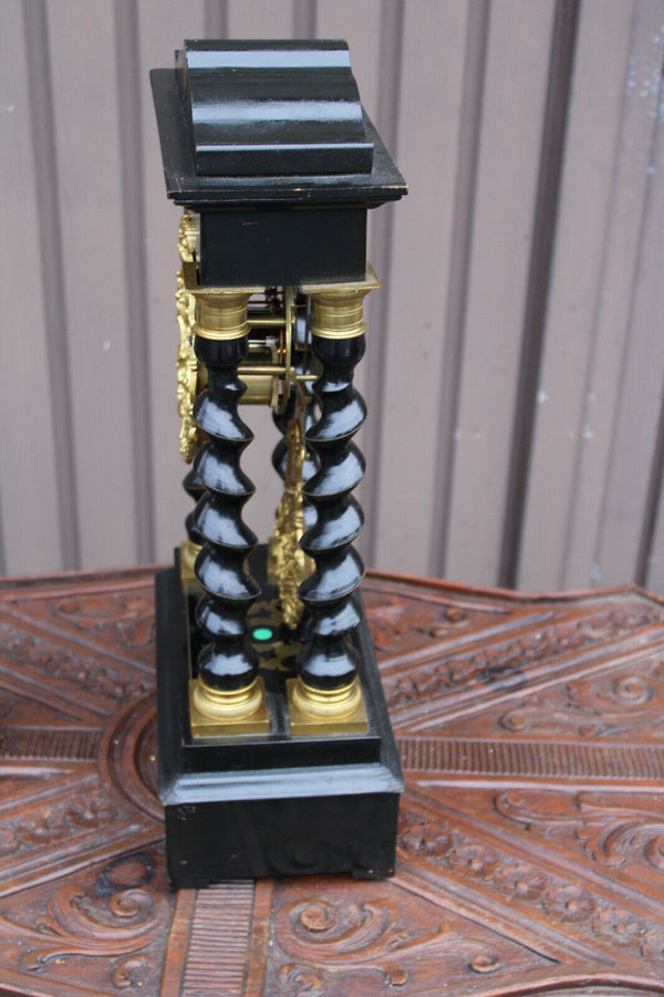 Antique napoleon III wood column mantel clock enamel inlay